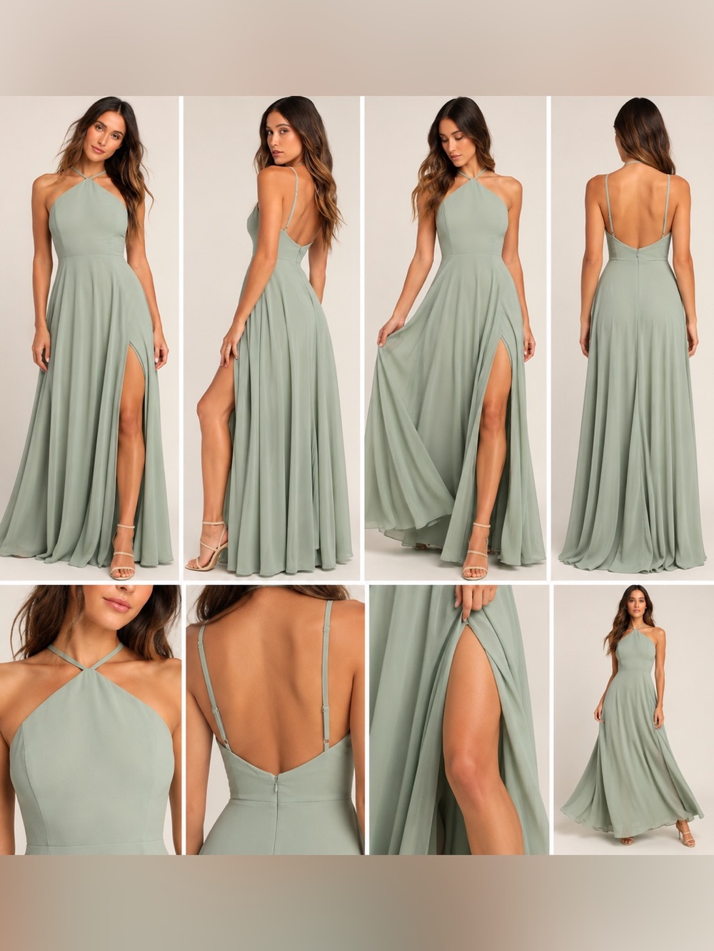 Lulus Sage Green Halter Open Back Slit Maxi Dress XS NWT